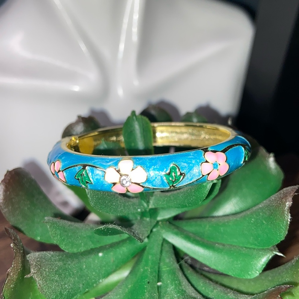Light Blue Enamel Hinged Bracelet Blue and Gold Size Small Children Girls